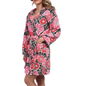 Vera Bradley Plush Soft Hooded Bathrobe Floral Pink Gray Size L / XL *flaw